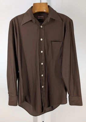 Vintage 70s Disco Mod Knit Sheer Stretch Nylon Brown Qiana Manhattan 15.5 | 32 - Image 1 of 4