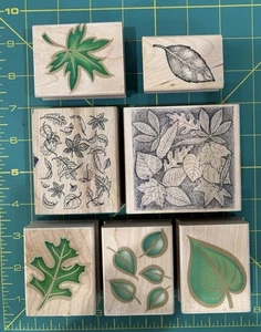 7 Wood Mounted Rubber Stamps.  Mixed Brands, Leaf Theme. 1 Used - Imagen 1 de 5