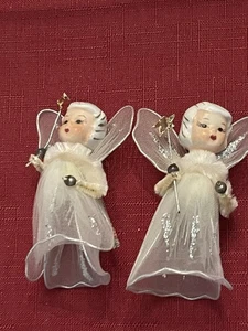 Conjunto de adornos de ángel de Navidad MCM vintage cara de porcelana tul malla vestido JAPÓN - Imagen 1 de 8