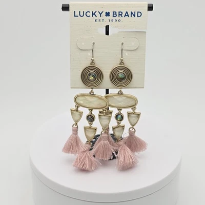 New! LUCKY BRAND Earrings Pink Fringe Faux Abolone Gold Plate Reversible - Image 1 of 4