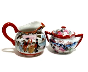 Vintage Kutani Porcelain Small Creamer and Sugar Bowl Geisha Japan Hand Painted - Picture 1 of 22