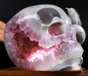 Amazing 5.7" Agate Amethyst Geode Carved Crystal Skull with Snake, Healing - Picture 1 of 18