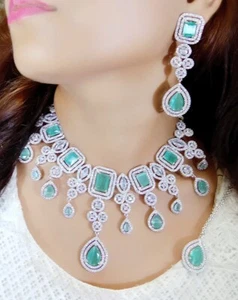 Indian Bollywood Bridal Set Silver Plated Jewelry Earrings CZ Ethnic AD Necklace - Picture 1 of 3
