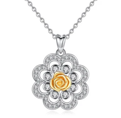 KX Rimorchio Fiore Argento 925 Parti Placcato Oro E Cristalli Zirconia - Immagine 1 di 3