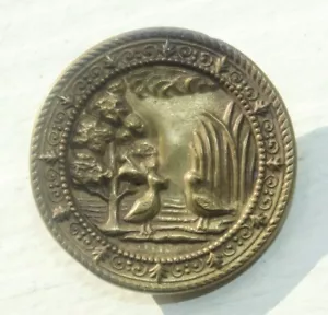 RARE ANTIQUE Picture Button WATER BIRD SCENE - Picture 1 of 2