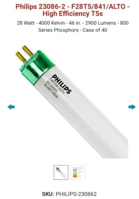 F28T5/841/ALTO (23086-2) - Watts: 28W, Type: T5 Fluorescent Tube Color- 15 Pack - Image 1 of 4