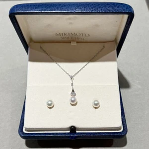 Mikimoto Pearl Diamond Necklace & Pierced Earrings set 6mm Pearl with Case - Picture 1 of 10