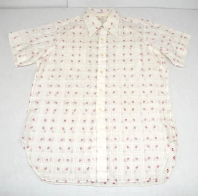 Vintage Leisure Shirt Sakowitz Size L/XL 70s White Window Plaid Red Block Shapes - Image 1 of 4