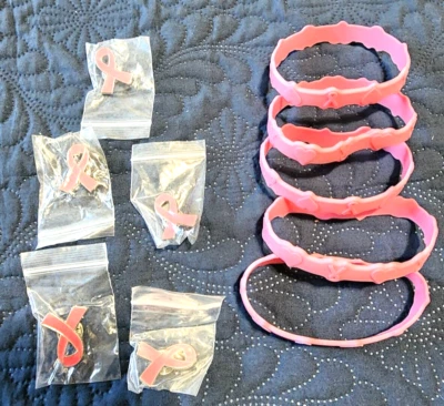10pc Pack Breast Cancer Awareness Bracelets and Pins Pink with Hearts and Bow - Image 1 of 4