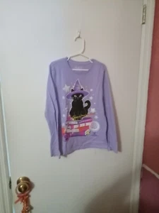 Girls Black Cat Halloween Witchy Graphic Long Sleeve Shirt - Picture 1 of 4