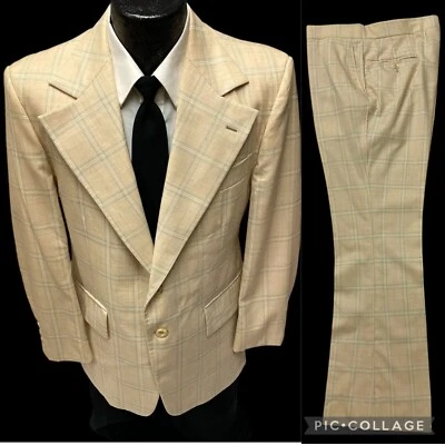 2 pc Vtg 70's Union Made Cream Blue OVERCHECK MoD Disco Wool Suit BELL BOTTOMS - Image 1 of 4