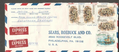 巴哈马 1981 年快递封面 Eleuthra 到 Sears Roebuck 费城 — 第 1/2 张图片