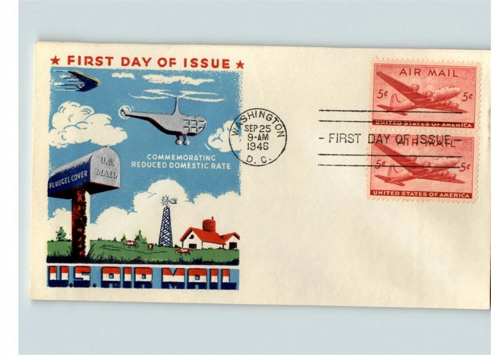 C-32 DC-4 PLANE, Fluegel cachet, 1946 Pair of stamps on First Day of Issue - Image 1 of 1