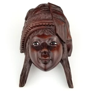 Antique Chinese Carved Solid Wood Girl Head Sculpture Figurine 4"H Wall Hanger - Picture 1 of 12