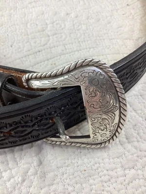 Винтажный черный тисненой кожи деньги ремень * серебристого тона пряжка * западный стиль размер 36 - Изображение 1 из 4