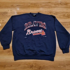 Vintage 90s Atlanta Braves Nutmeg Jumper Navy Sweatshirt Pullover USA Size XL - Picture 1 of 10