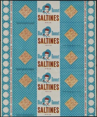 Envolvedor de caja vintage BLUE BONNET SALTINES galletas 1957 mujer foto nuevo stock antiguo Foto 1 de 2