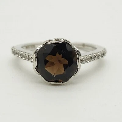 Anillo Y Plata de Ley 925 Pavé Topacio Blanco y Cuarzo Ahumado Floral Banda Talla 5.5 Foto 1 de 4