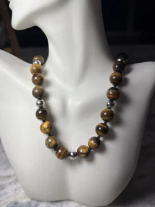 Tiger's Eye Round Gemstone/Silver Bead Necklace, Sterling Silver Toggle, 18” - Picture 1 of 7