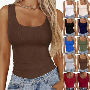 UK Ladies RIBBED Tops Summer Stretch Vest Tank Camisole Slim Fit Tee Shirts Size - Picture 1 of 24