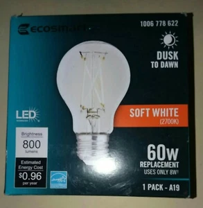 Ecosmart 60W Repacement Bulb LED Soft White A19 Lumen 800 Dusk-Dawn 1006778622 - Picture 1 of 2