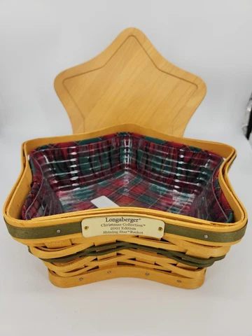 Longaberger 2001 Christmas Green SHINING STAR BASKET Liner Protector Wood Lid Cover