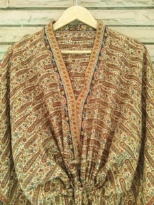 Pure Silk Kaftan Beige Robe Dress Long Woman Gown Maxi Tunic Robes KFN2263 - Picture 1 of 7