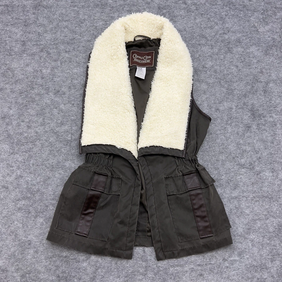 Cripple Creek Vest Womens Medium Gray Green Ranchwear Sherpa Faux Fur Western - Image 1 of 4