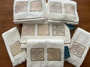 NEW! AVANTI 6-Pc Towel SET~White Terry w/Braid Trim & Sea Shells, Starfish, Fish - Picture 1 of 18
