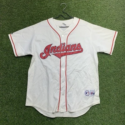 Cleveland Indians Majestic Jersey Mens XL White Baseball Sports Printed 90s - Image 1 of 4