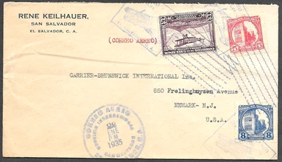 Cubierta de correo aéreo de El Salvador con sello de correo aéreo de 25c, San Salvador a EE. UU. 1935 Foto 1 de 2