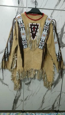 Handmade Western Suede Fringe Shirt Native Style Buckskin Top with Beaded Detail - Photo 1/4