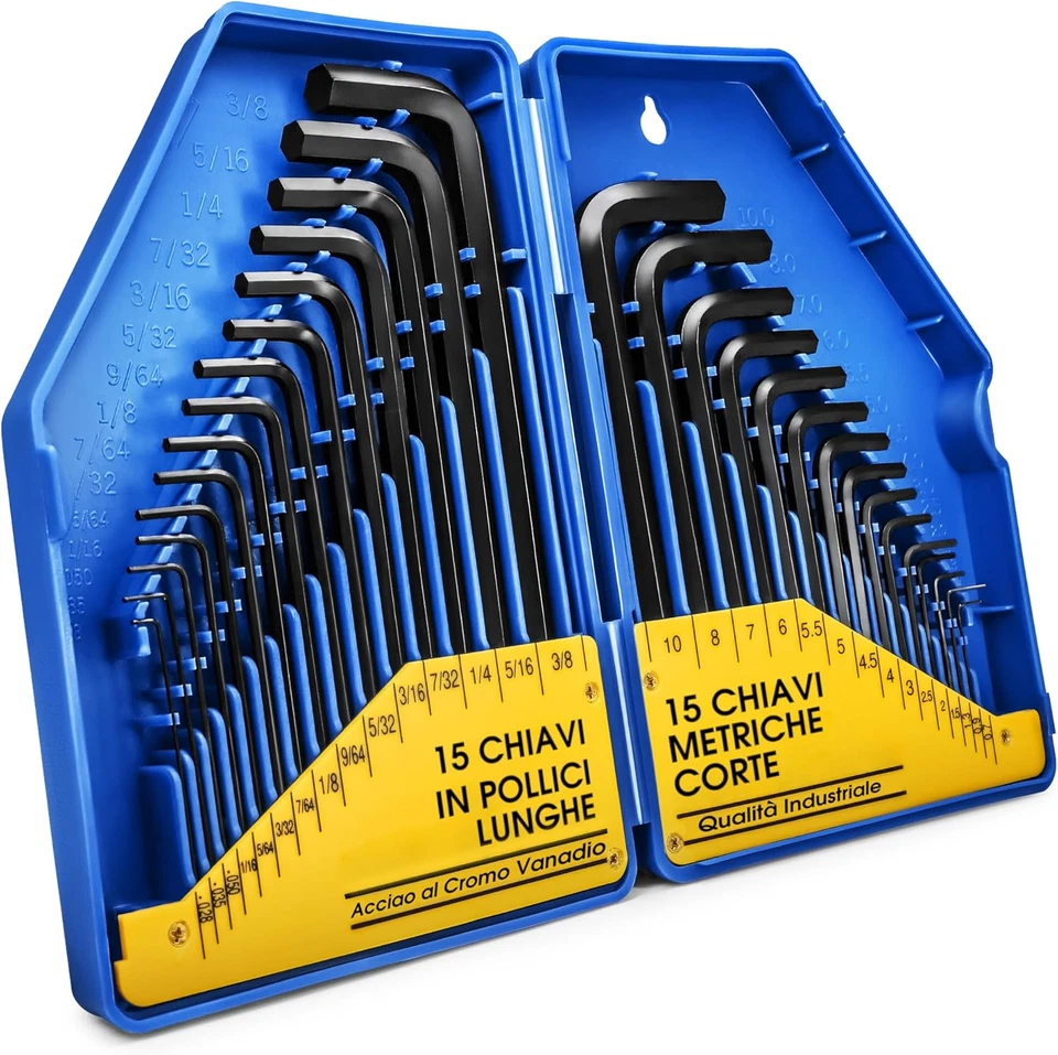 S&R Chiavi a Brugola Kit 30 Brugole Esagonali in Pollici e Metriche. Chiavi Alle