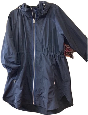 Abrigo cortavientos Athleta azul marino goteo con capucha trinchera lluvia Mac Parka 1X Foto 1 de 4
