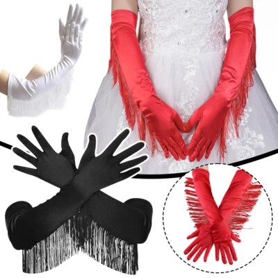 Guanti lunghi donna nappa sera festa opera palco danza festa anni 20 retrò uk - Immagine 1 di 4