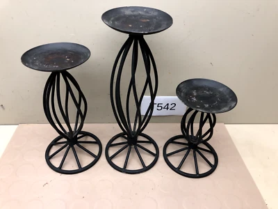 BLACK METAL SET OF 3 CANDLESTICKS - Pillars Pedestal Spiral Design - Image 1 of 4