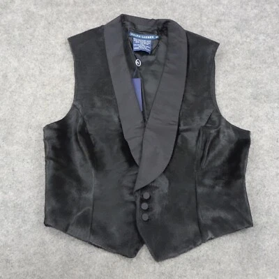 Ralph Lauren Vest Womens 12 Blue Label Black Silk Sleeveless Calf Hair Collar A - Image 1 of 4