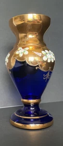Vaso cristallo blu cobalto ceco boemo con fiori smaltati alti oro 24k 12 in - Foto 1 di 10