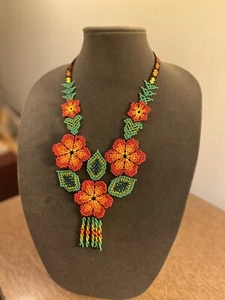 Vintage Artisan Made Seed Bead Floral Necklace - Picture 1 of 4