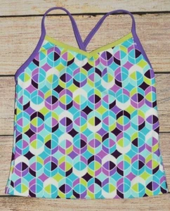 NWT GIRLS LANDS' END 5 GEOMETRIC VIOLET PURPLE AQUA LIME MINT TANKINI SWIM TOP  - Picture 1 of 8