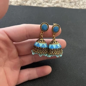 Indian earrings for women indian Bollywood Styles Jhumka Blue Color Beads - Picture 1 of 4