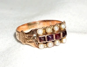 Antique English Victorian 14k Rose Gold Ring Sz.5.5 w 4x Garnets & 8 Pearls(---) - Picture 1 of 8