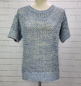 Suéter Ann Taylor LOFT Mujer Punto Abierto Manga Corta Talla M Azul Cielo Blanco - Imagen 1 de 10