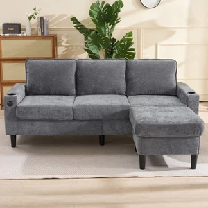 3 Seater Sofa Sectional Couch with Reversible Chaise Living Room, Fabric Grey - Picture 1 of 11