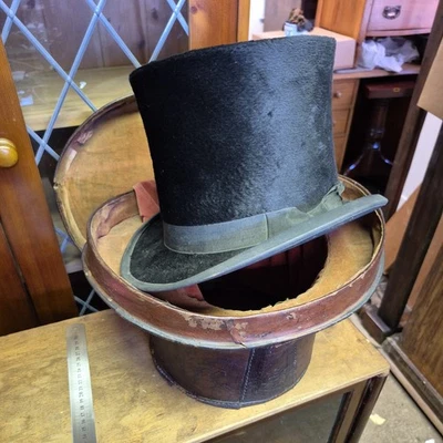 ANTIQUE VICTORIAN FRENCH TOP HAT & HAT BOX BLACK FUR LEATHER BLACK BOX - Image 1 of 4