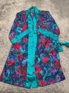 Go Softly Robe Women Medium Floral Satin Watercolor Belted Bath Housecoat Vtg - Picture 1 of 8