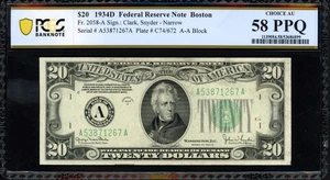 1934D $20 Boston NARROW FRN - PCGS Banknote AU 58 PPQ - TOP POP 1/0 COMBINED! - Picture 1 of 2