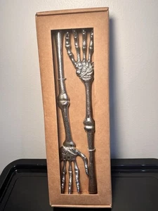 Pottery Barn Skeleton Hands Serving Set Halloween Metal Salad Servers Tongs NIP - Picture 1 of 7
