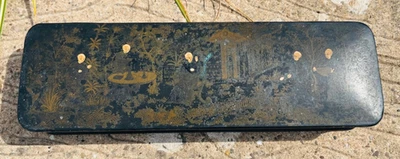 Chinese black lacquered vintage Victorian antique Papier Mache pencil pen box - Image 1 of 4
