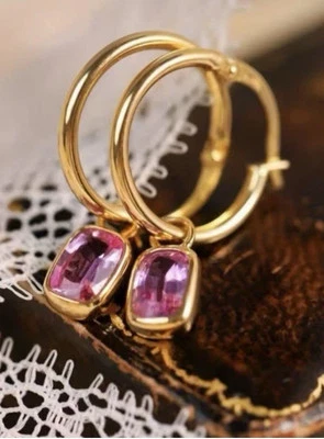 VTG Anthropologie Hoop Earrings CZ Gripoix Charm Pink Dangle Gold Boho Style - Image 1 of 3